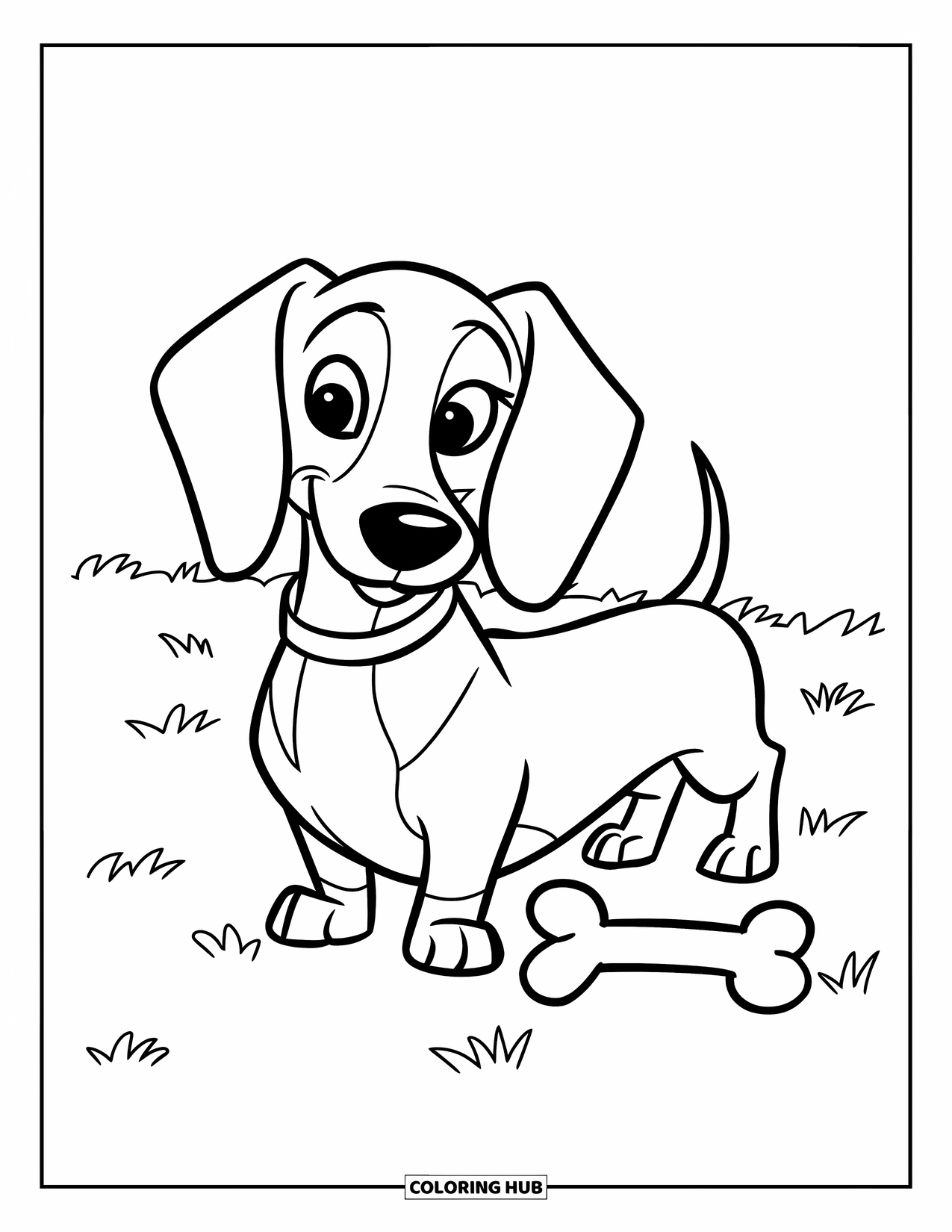 Dachshund Coloring Page for Kids: Dachshund with a red collar stands by a bone in the yard