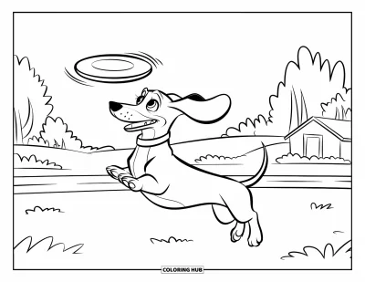 Desen de colorat cu teckel pentru copii: Cățeluș vânător de frisbee sare sus lângă copaci și o casă primitoare