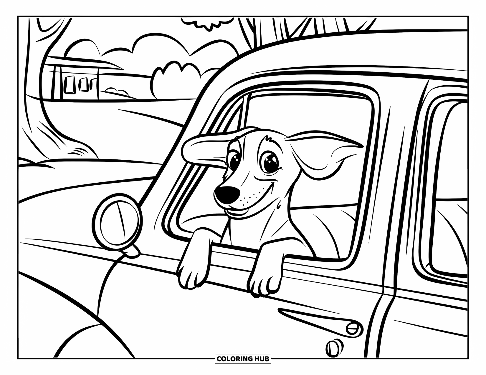 Dachshund Coloring Page for Kids: Happy dachshund sticks its head out of a vintage car window