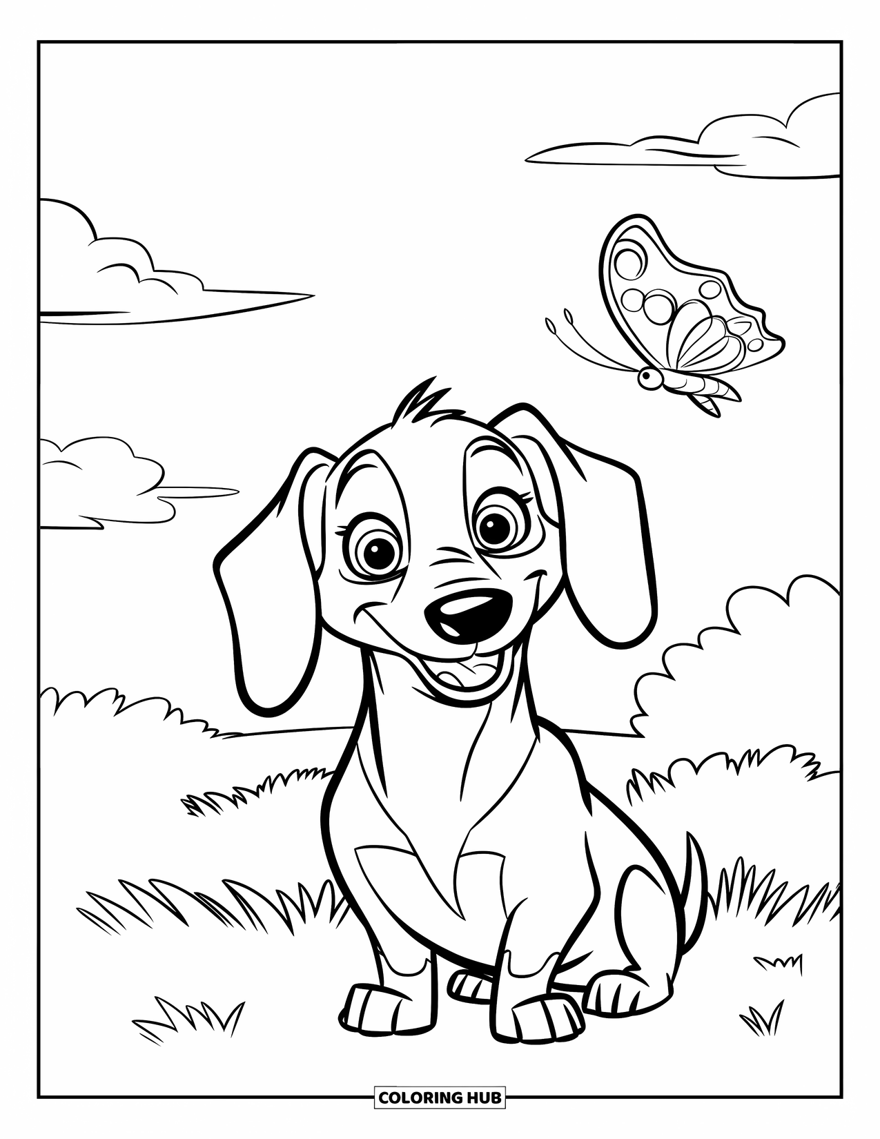 Dachshund Coloring Page for Kids: Happy dachshund watches a butterfly under a bright sky