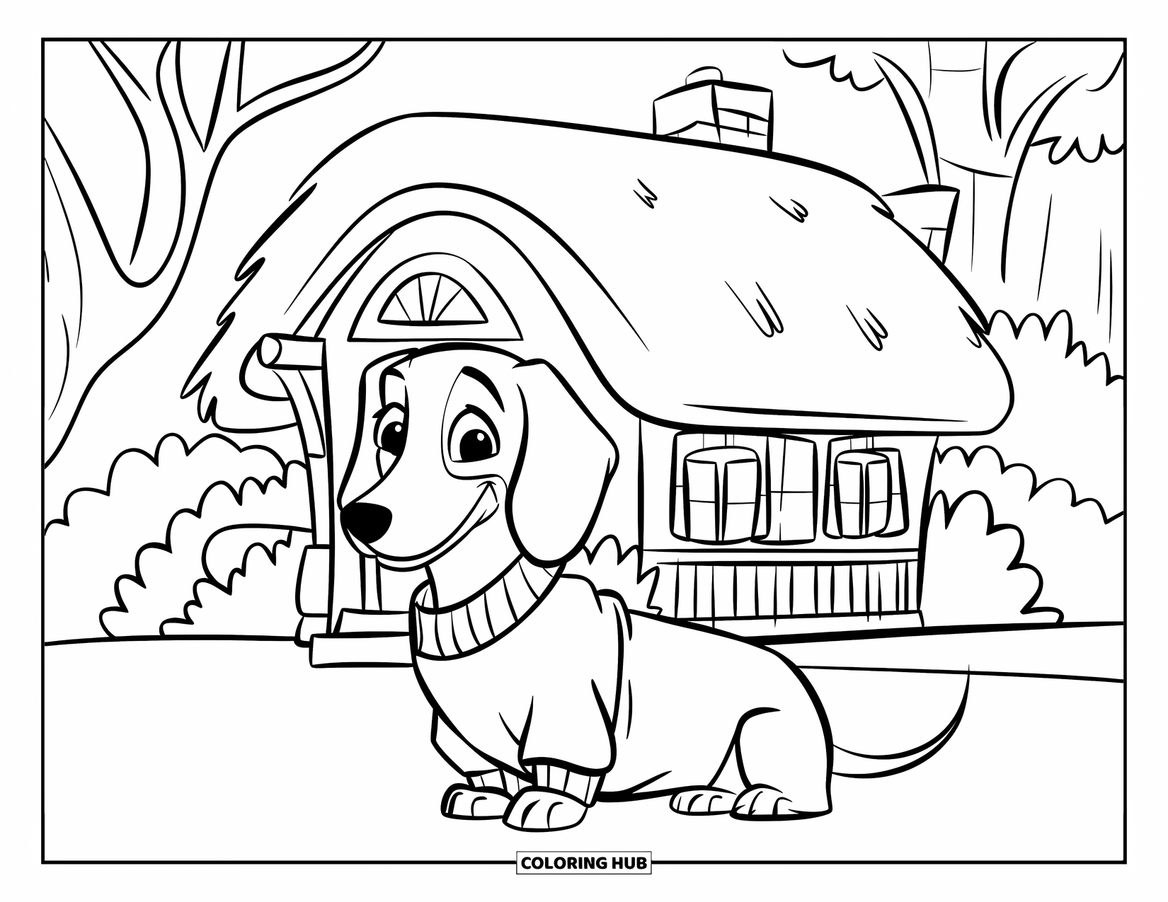 Dachshund Coloring Page for Kids: Happy pup in a sweater sits outside a house with trees nearby