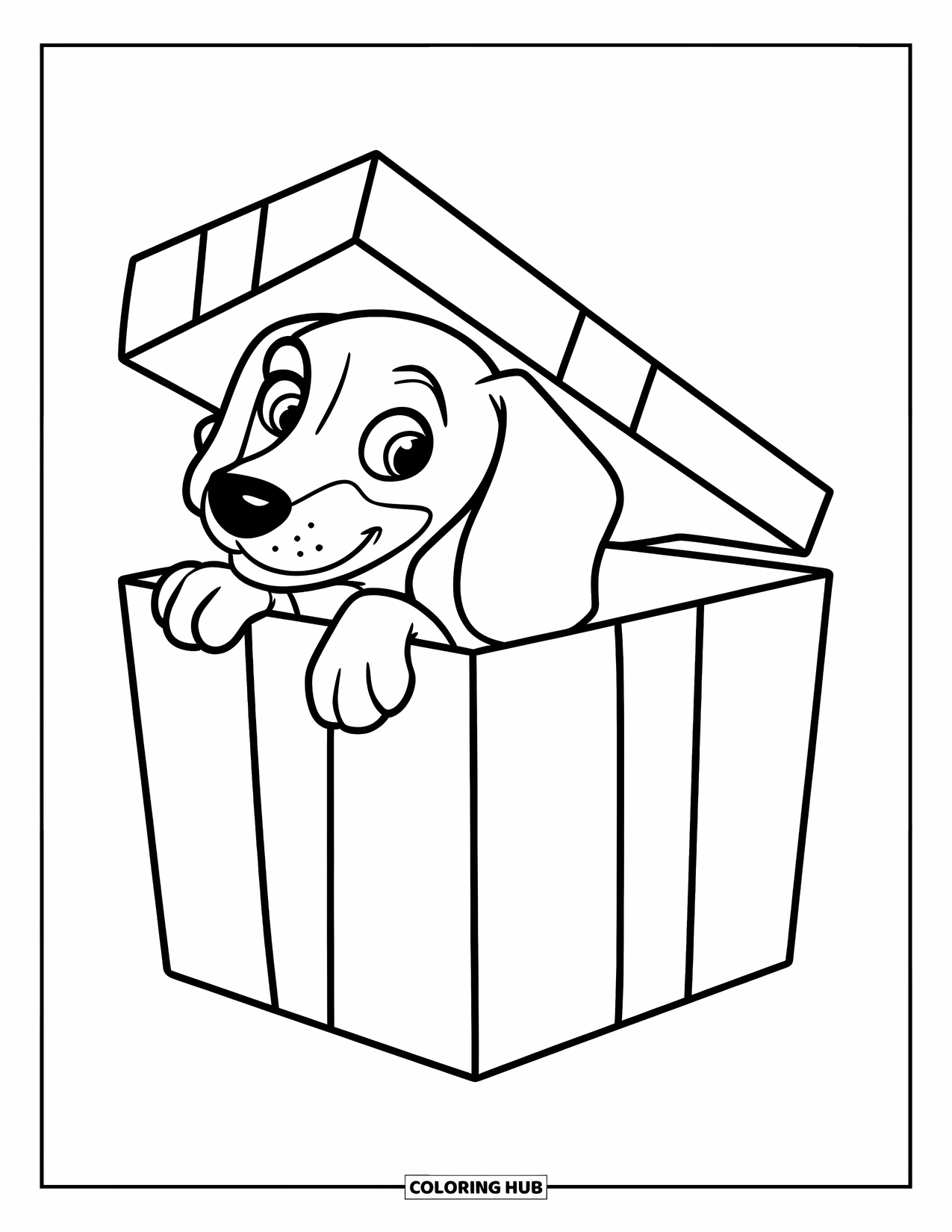 Dachshund Coloring Page for Kids: Happy pup with a bow peeks from inside a gift box