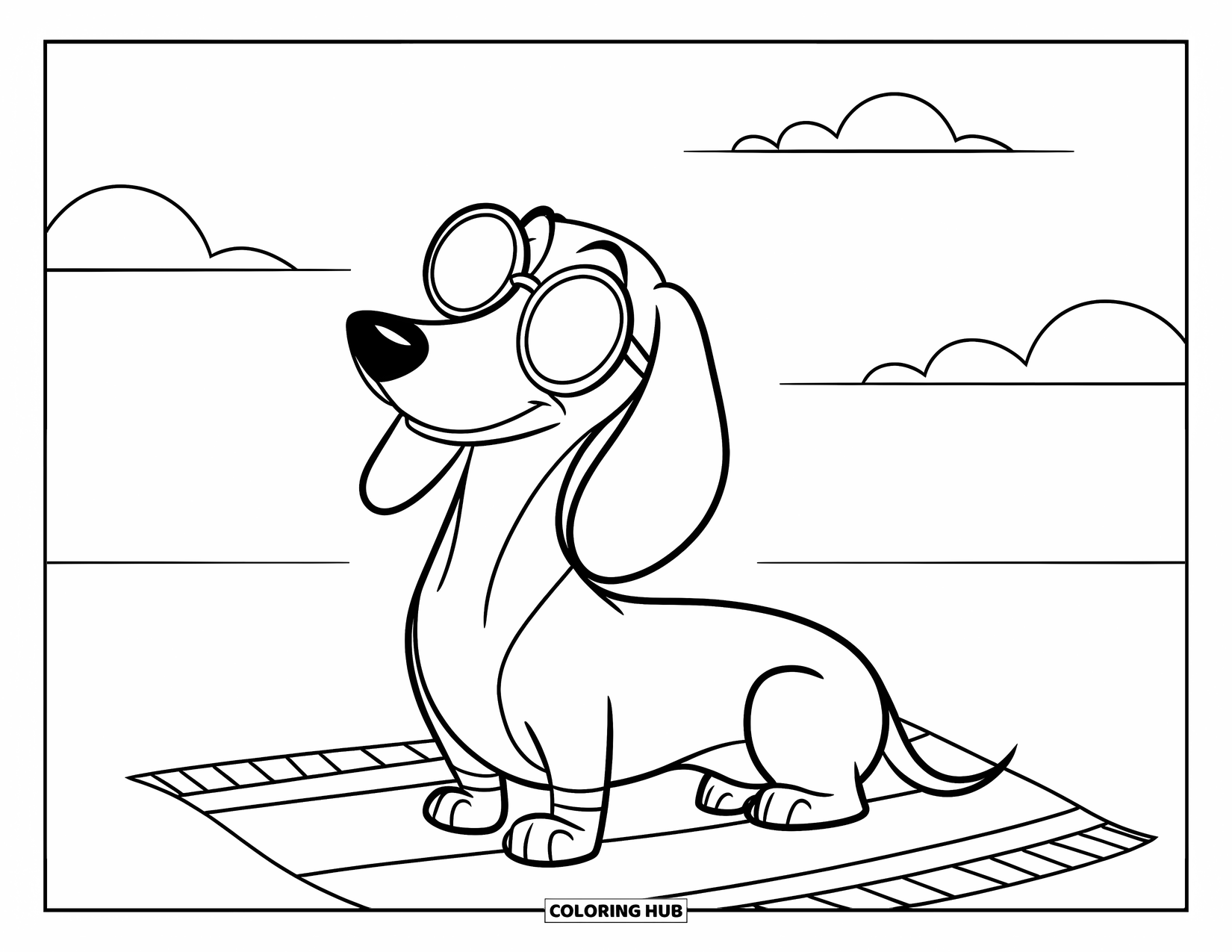 Dachshund Coloring Page for Kids: Pup in shades sunbathes on a towel under a bright sky