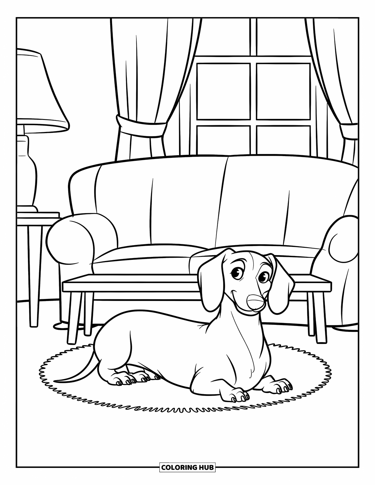 Dachshund Coloring Page for Kids: Pup relaxes on a rug near a sofa, lamp, and window