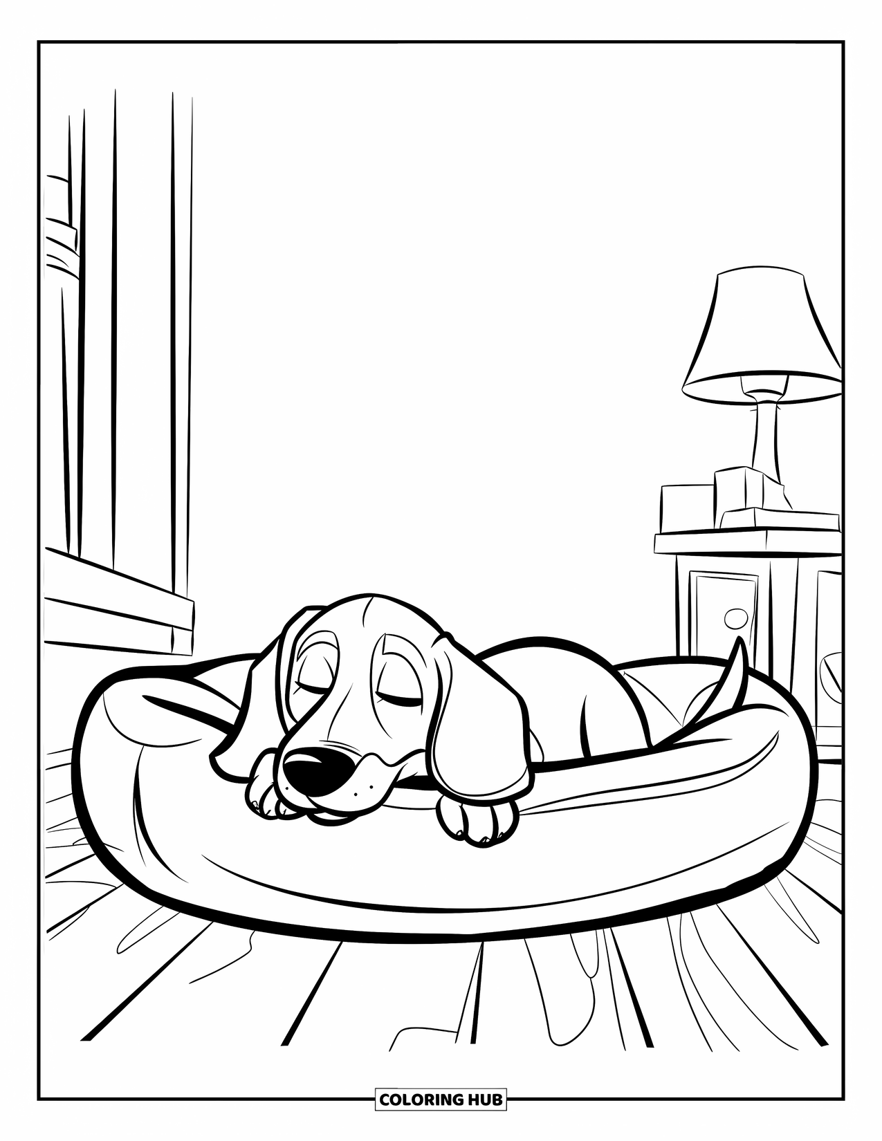 Dachshund Coloring Page for Kids: Pup sleeps on a soft bed near a window and lamp