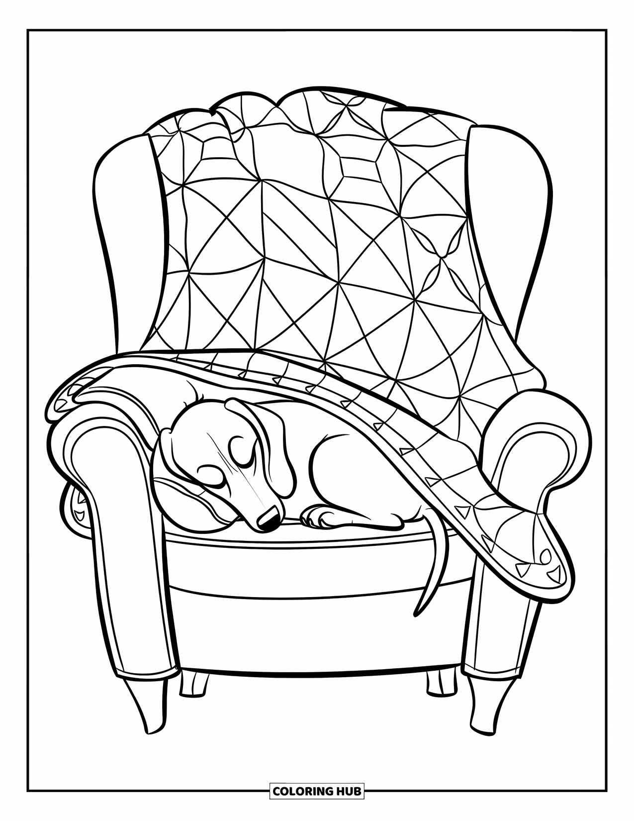 Dachshund Coloring Page for Kids: Pup snoozes on a soft armchair under a quilt with stars and shapes