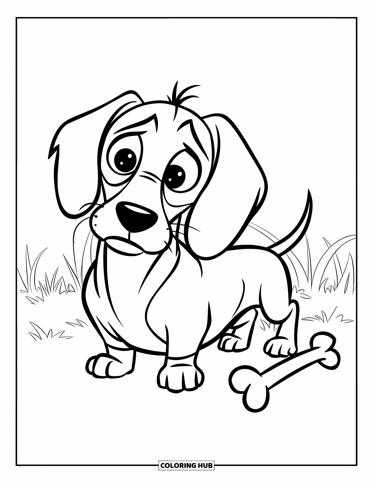 Dachshund Coloring Page for Kids: Pup stands with a bone nearby in a grassy field