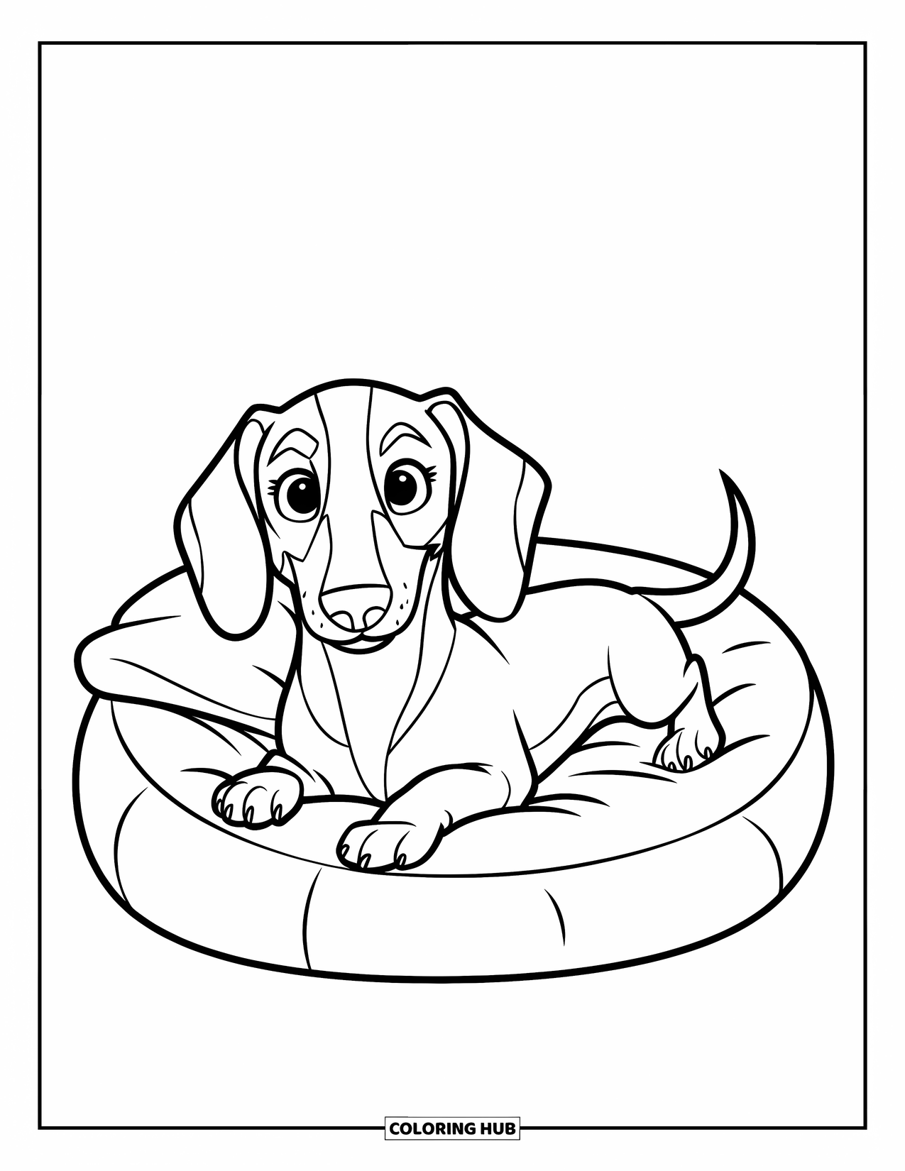 Dachshund Coloring Page for Kids: Pup with a collar lies on a cozy round dog bed