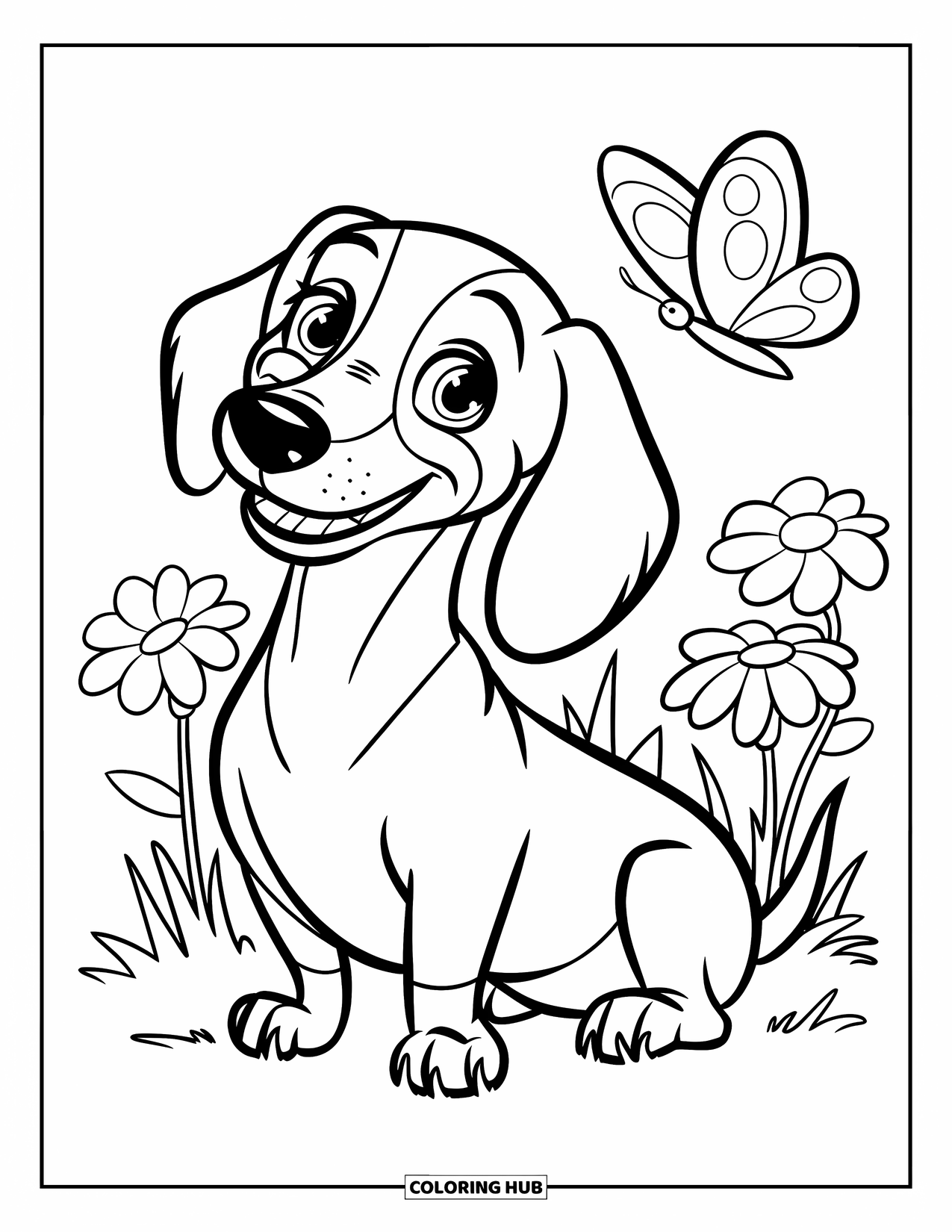 Dachshund Coloring Page for Kids: Smiling dachshund sits in grass with a butterfly nearby