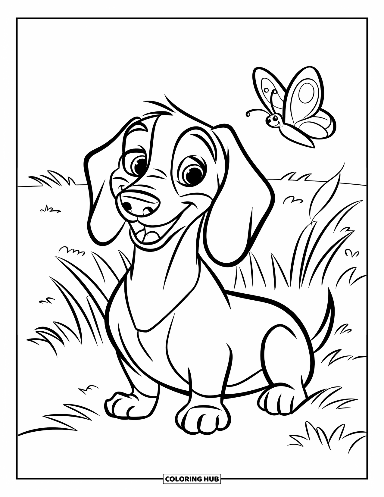 Dachshund Coloring Page for Kids: Smiling pup rests in the grass with a butterfly overhead