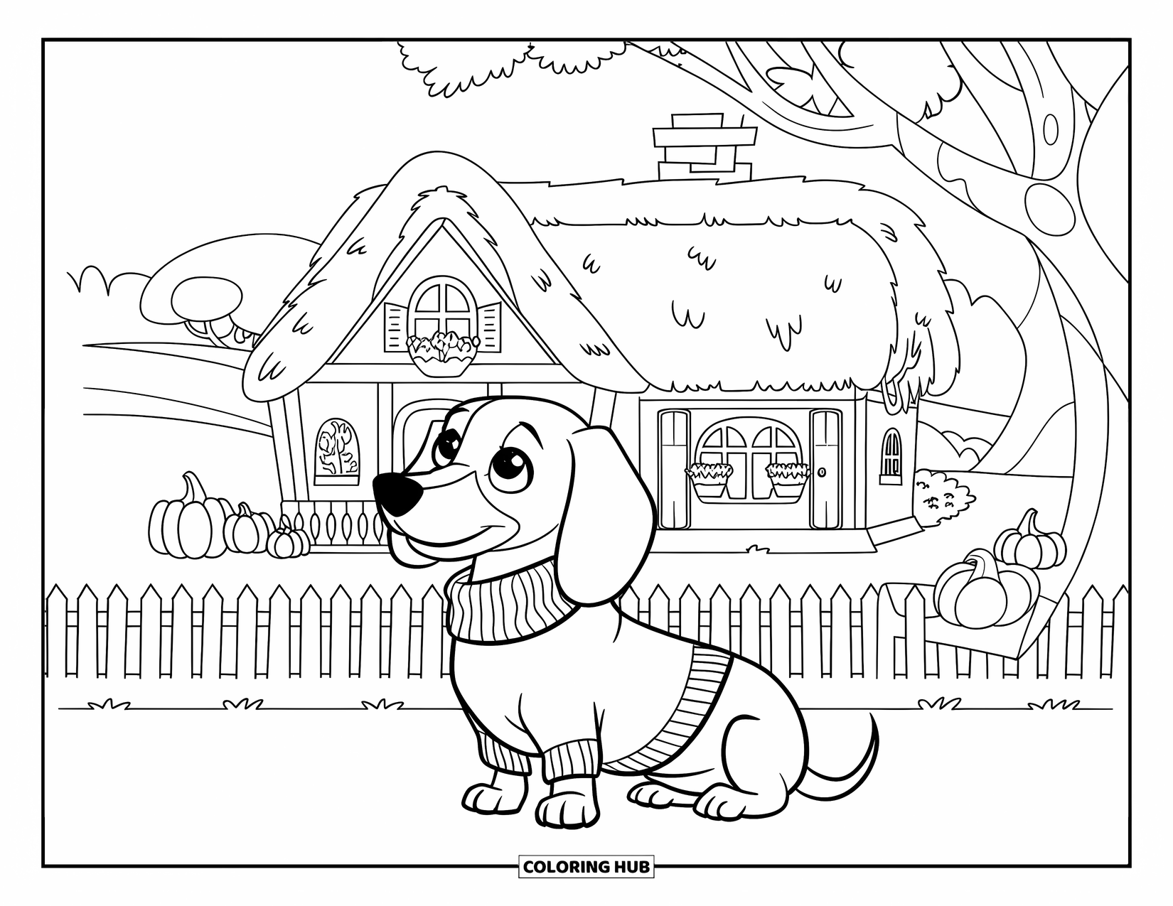 Dachshund Coloring Page for Kids: Sweater-wearing dachshund sits near pumpkins and a peaceful cottage