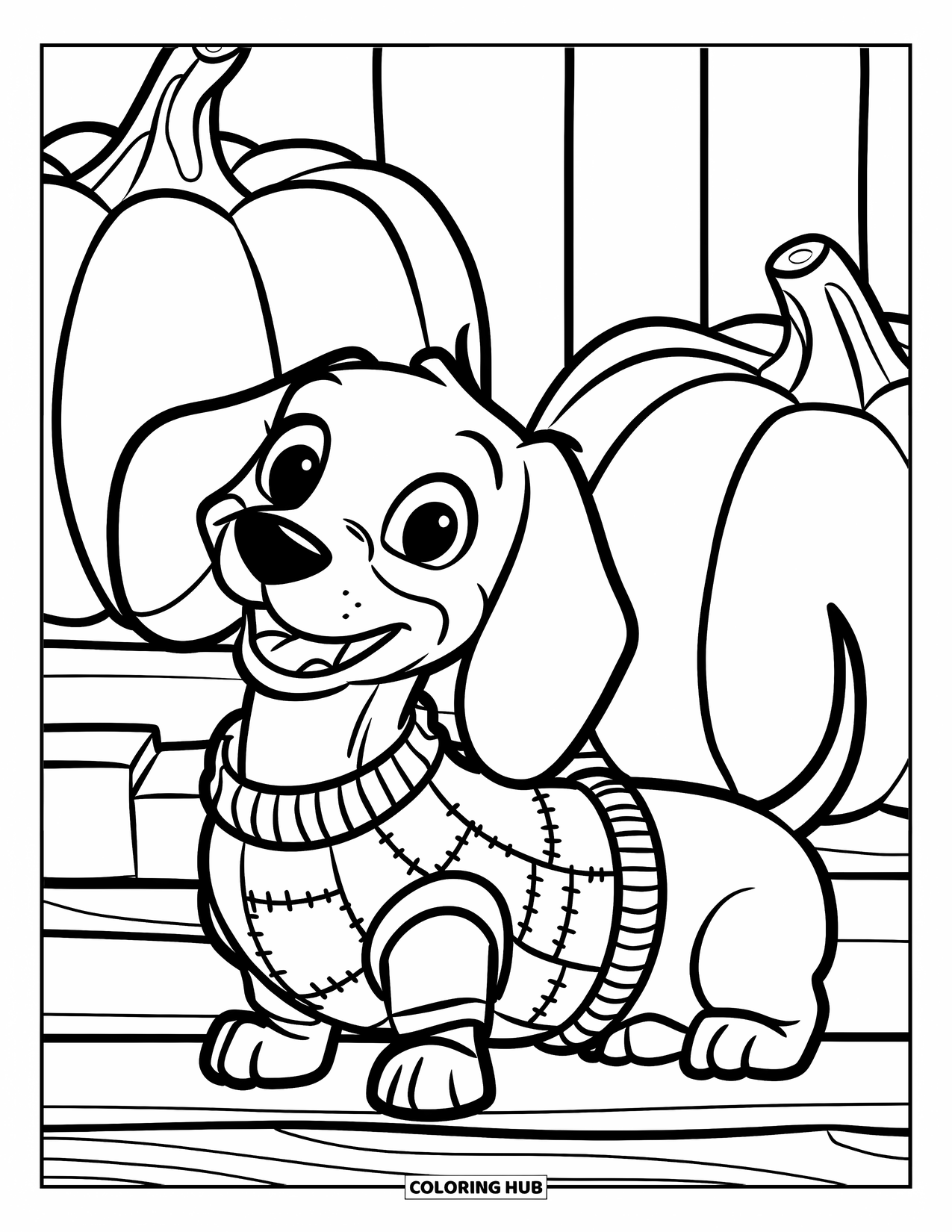 Dachshund Coloring Page for Kids: Sweater-wearing dachshund sits on wood near pumpkins