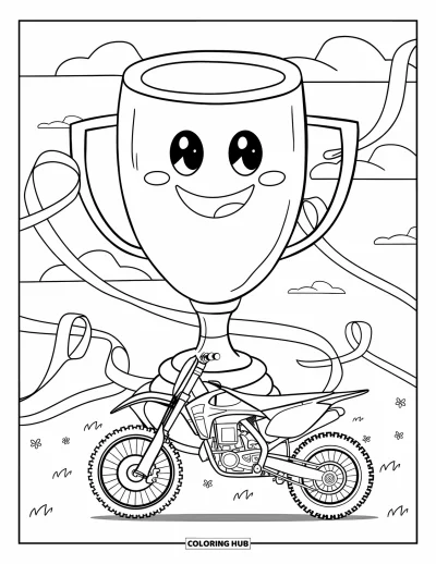 Desenho de moto de trilha para colorir para adultos: Uma moto alegre fica ao lado de um troféu sorridente com nuvens suaves e fitas brincalhonas