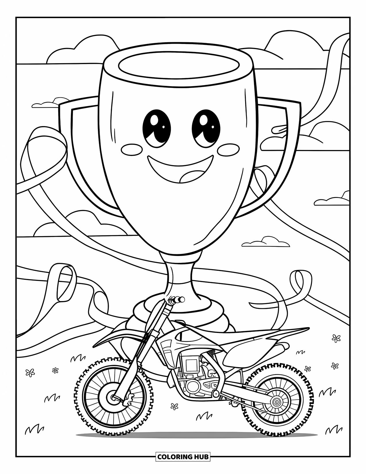 Dirt Bike Coloring Page for Adults: A cheerful bike stands next to a smiling trophy with soft clouds and playful ribbons
