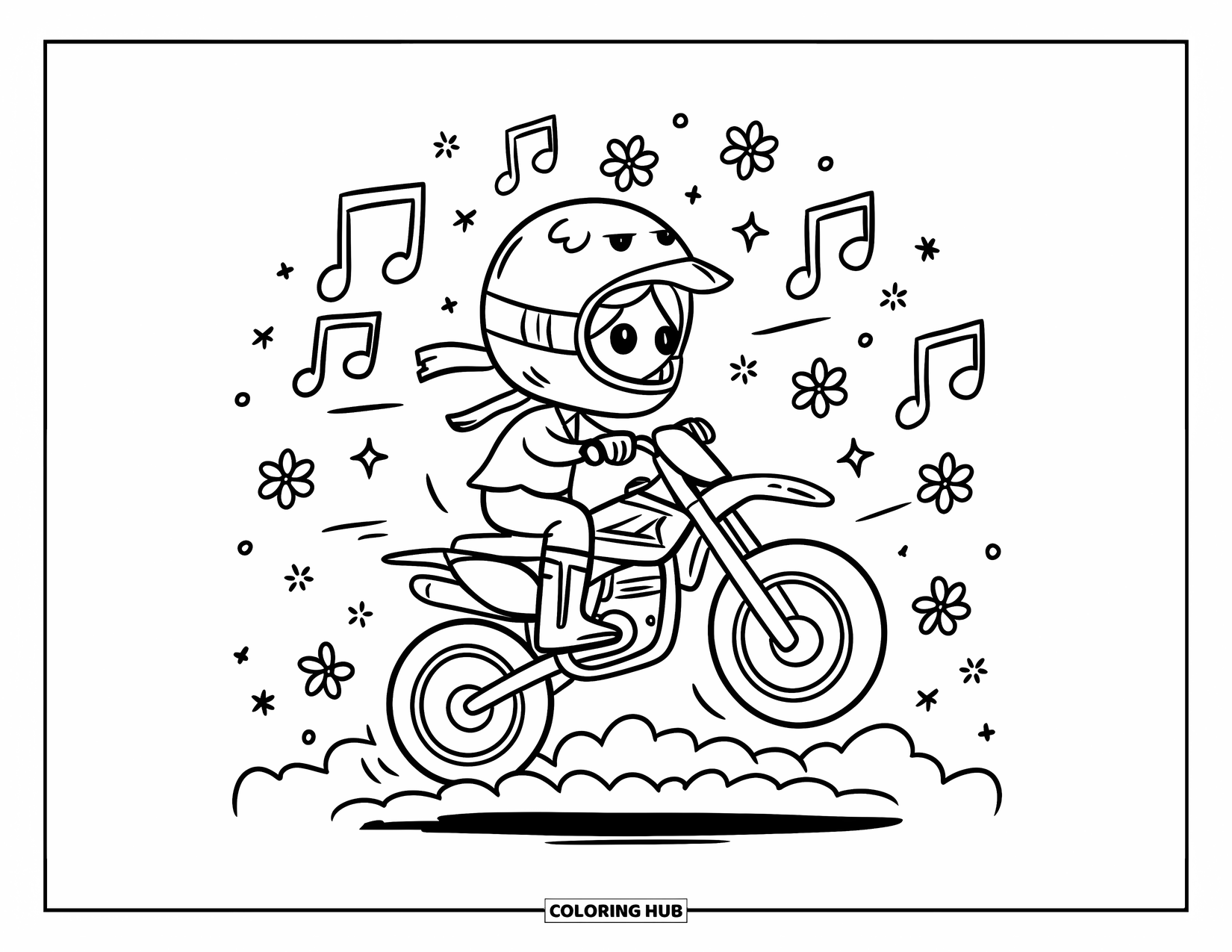 Dirt Bike Coloring Page for Adults: A cheerful biker jumps through clouds with musical notes, flowers, and sparkles surrounding them