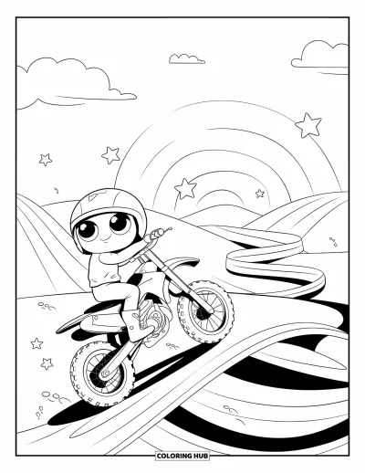 Desenho de moto de trilha para colorir para adultos: Uma moto de trilha animada percorre uma estrada sinuosa com estrelas, colinas e um arco-íris suave