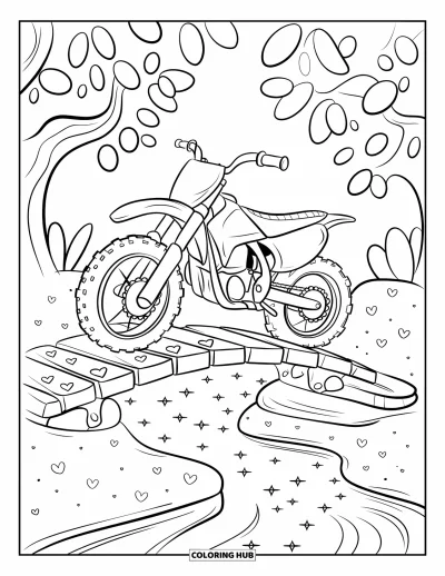 Desenho de moto de trilha para colorir para adultos: Uma moto de pneus grossos atravessa uma ponte com corações esculpidos sobre um riacho cintilante