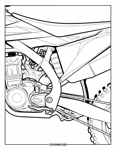Desenho de moto de trilha para colorir para adultos: Close-up do motor e corrente de uma moto de trilha com canos, válvulas e roda traseira