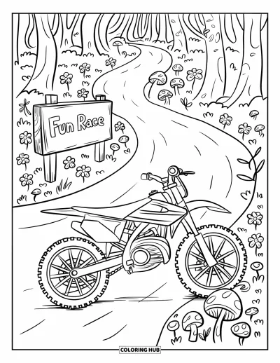 Desenho de moto de trilha para colorir para adultos: Uma moto simpática para em uma trilha com flores sorridentes, cogumelos e uma placa de corrida charmosa