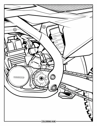 Desenho de moto de trilha para colorir para adultos: O motor de uma moto de trilha com vários cilindros e uma corrente envolvida em close-up