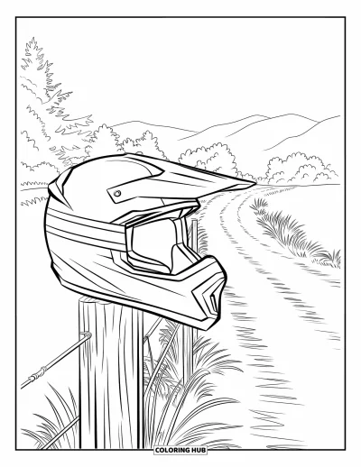 Desenho de moto de trilha para colorir para adultos: Um capacete de moto de trilha está pousado em um poste perto de árvores e montanhas