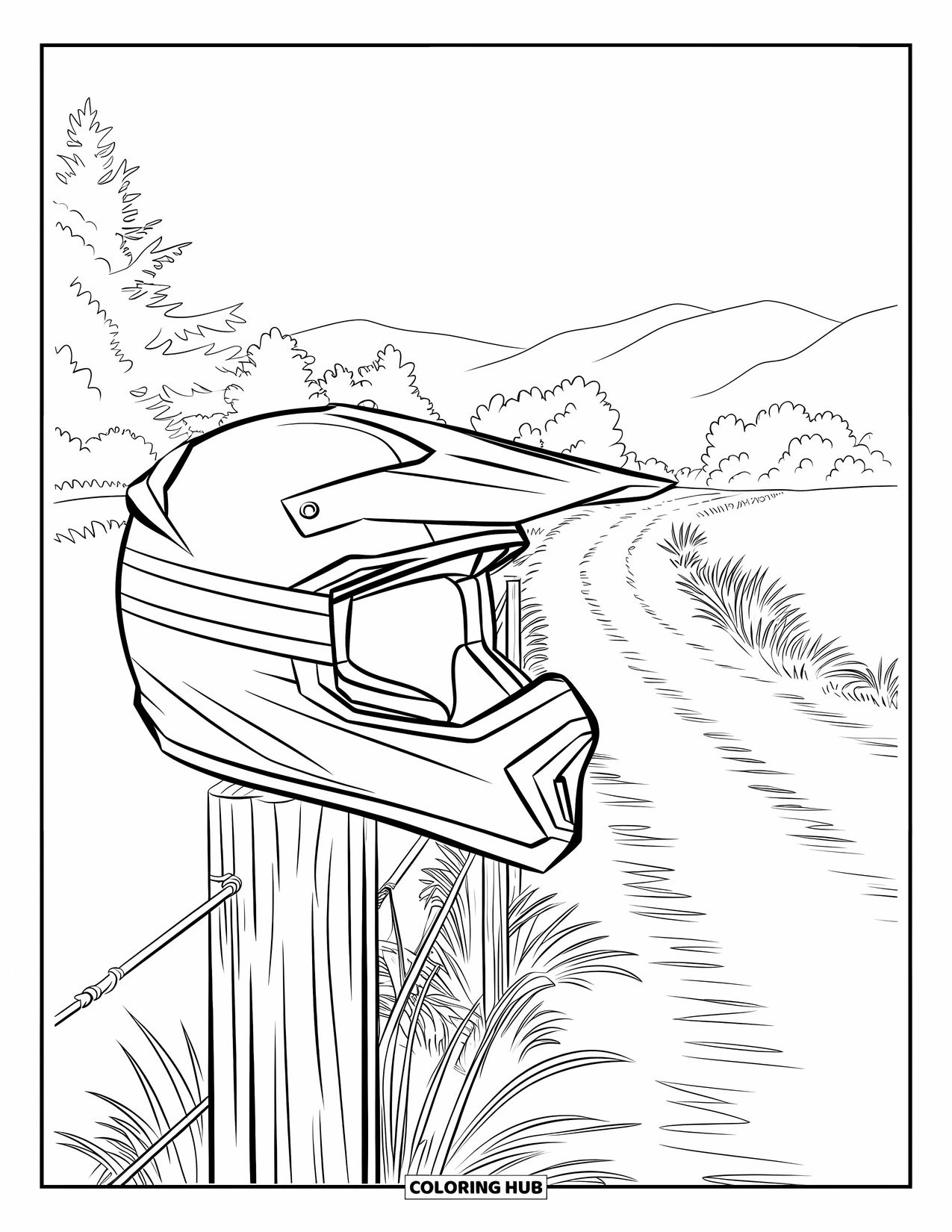 Dirt Bike Coloring Page for Adults: A dirt bike helmet perches on a post near trees and mountains