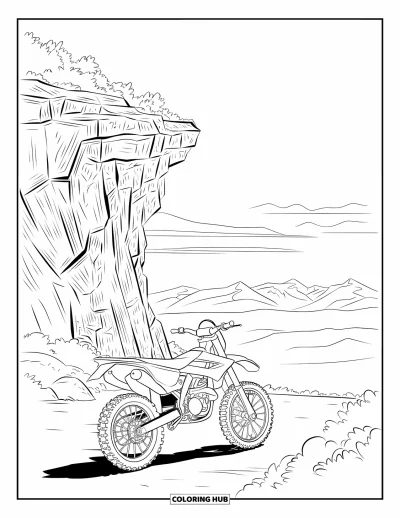 Desenho de moto de trilha para colorir para adultos: Uma moto de trilha fica na beira de um penhasco com pedras, picos e terreno aberto ao fundo