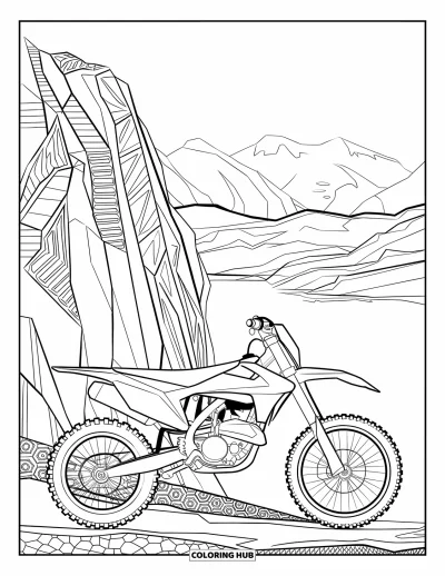 Desenho de moto de trilha para colorir para adultos: Uma moto de trilha está estacionada ao lado de um penhasco rochoso com montanhas distantes ao fundo