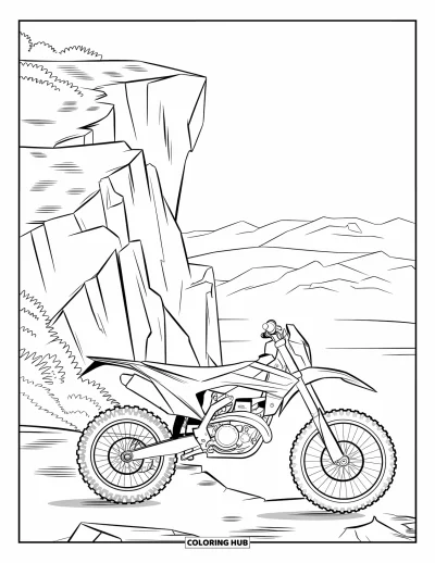 Desenho de moto de trilha para colorir para adultos: Uma moto de trilha está estacionada perto de um penhasco com formações rochosas e vista para as montanhas