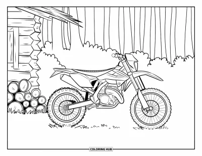 Desenho de moto de trilha para colorir para adultos: Uma moto de trilha se inclina perto de uma cabana rústica com árvores altas ao fundo