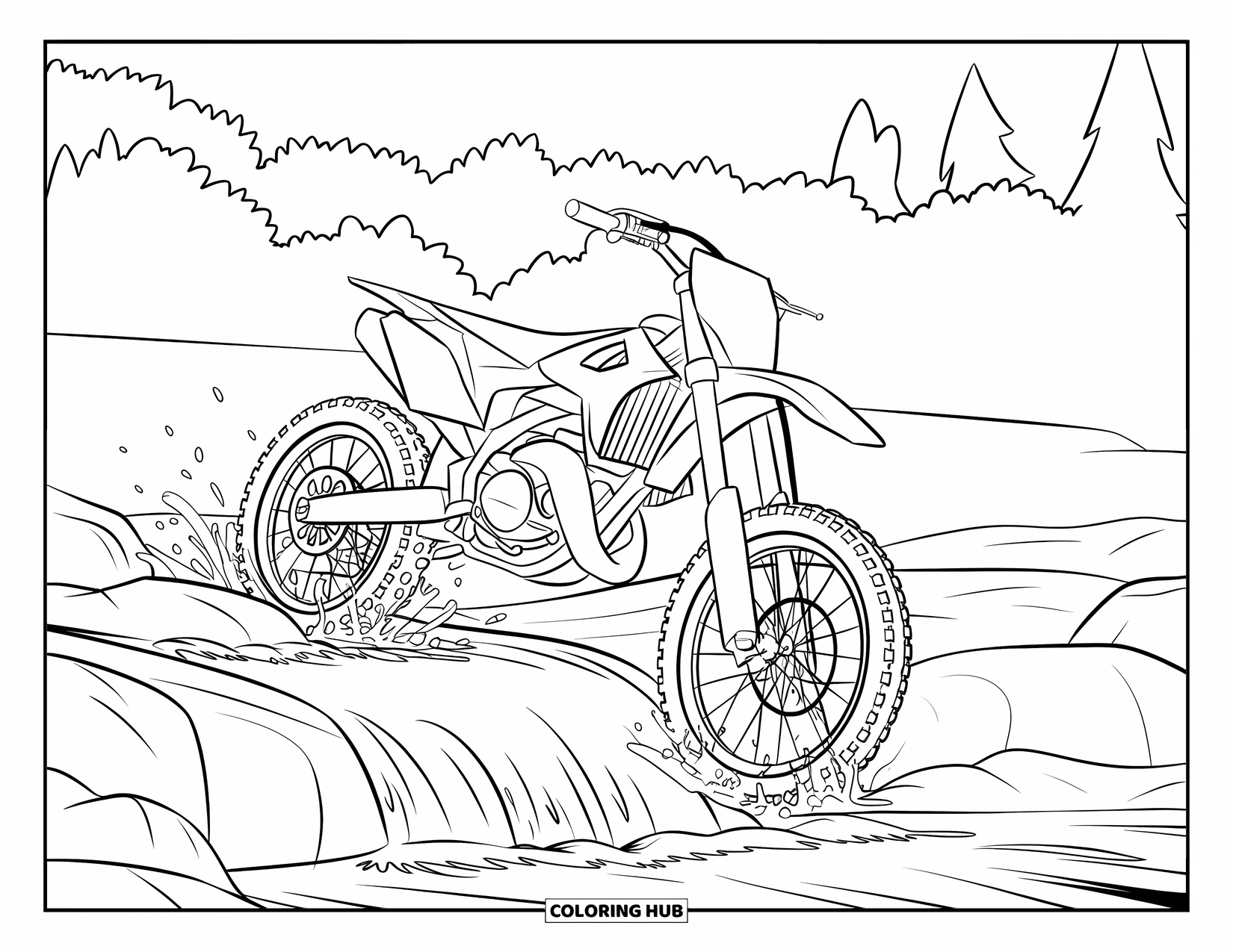 Dirt Bike Coloring Page for Adults: A dirt bike leaps over a rocky stream with splashes under its tires