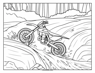 Desenho de moto de trilha para colorir para adultos: Uma moto de trilha levanta a roda dianteira enquanto atravessa um riacho rochoso com respingos