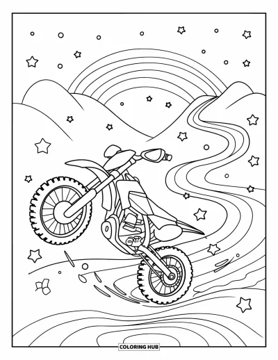 Desenho de moto de trilha para colorir para adultos: Uma moto de trilha empina a roda em uma trilha sinuosa com estrelas e um arco-íris à frente