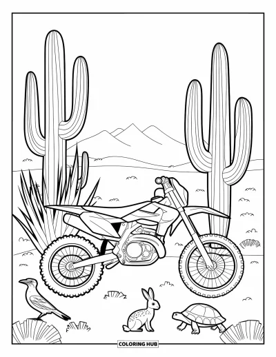 Desenho de moto de trilha para colorir para adultos: Uma moto de trilha descansa sob cactos do deserto com animais como um coelho-americano e um papa-léguas por perto