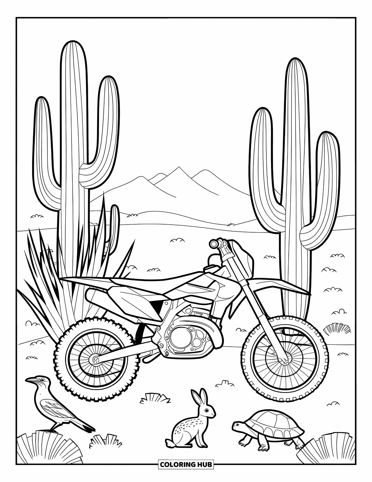 Dirt Bike Coloring Page for Adults: A dirt bike rests under desert cacti with nearby animals like a jackrabbit and roadrunner