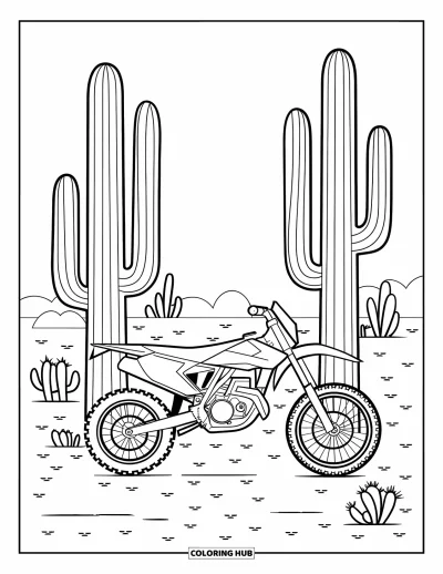 Desenho de moto de trilha para colorir para adultos: Uma moto de trilha fica ao lado de cactos do deserto com uma cobra e um lagarto em terreno rochoso