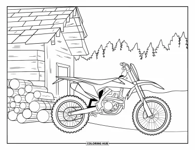 Desenho de moto de trilha para colorir para adultos: Uma moto de trilha fica ao lado de uma cabana com toras e vista para a floresta