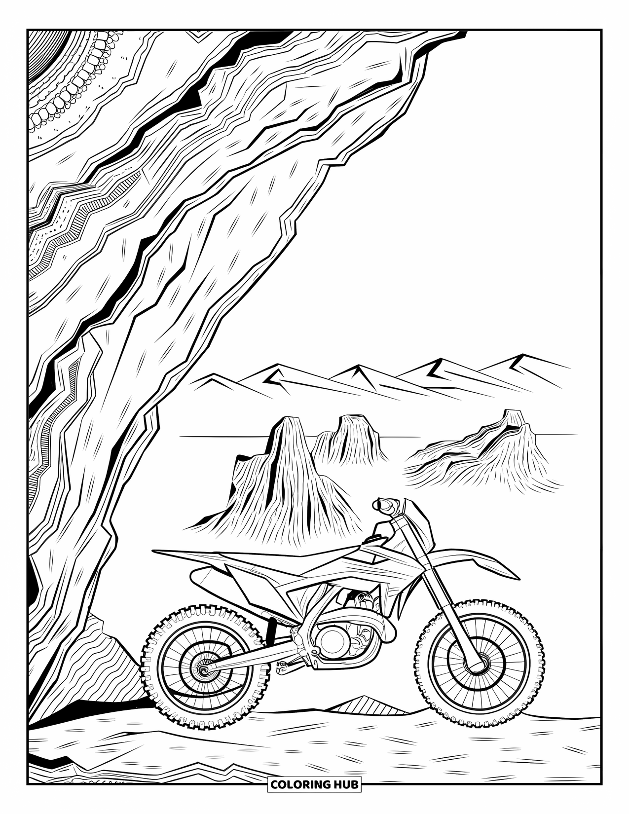 Dirt Bike Coloring Page for Adults: A dirt bike stands by a cliff edge with detailed rocks and patterned mountains behind