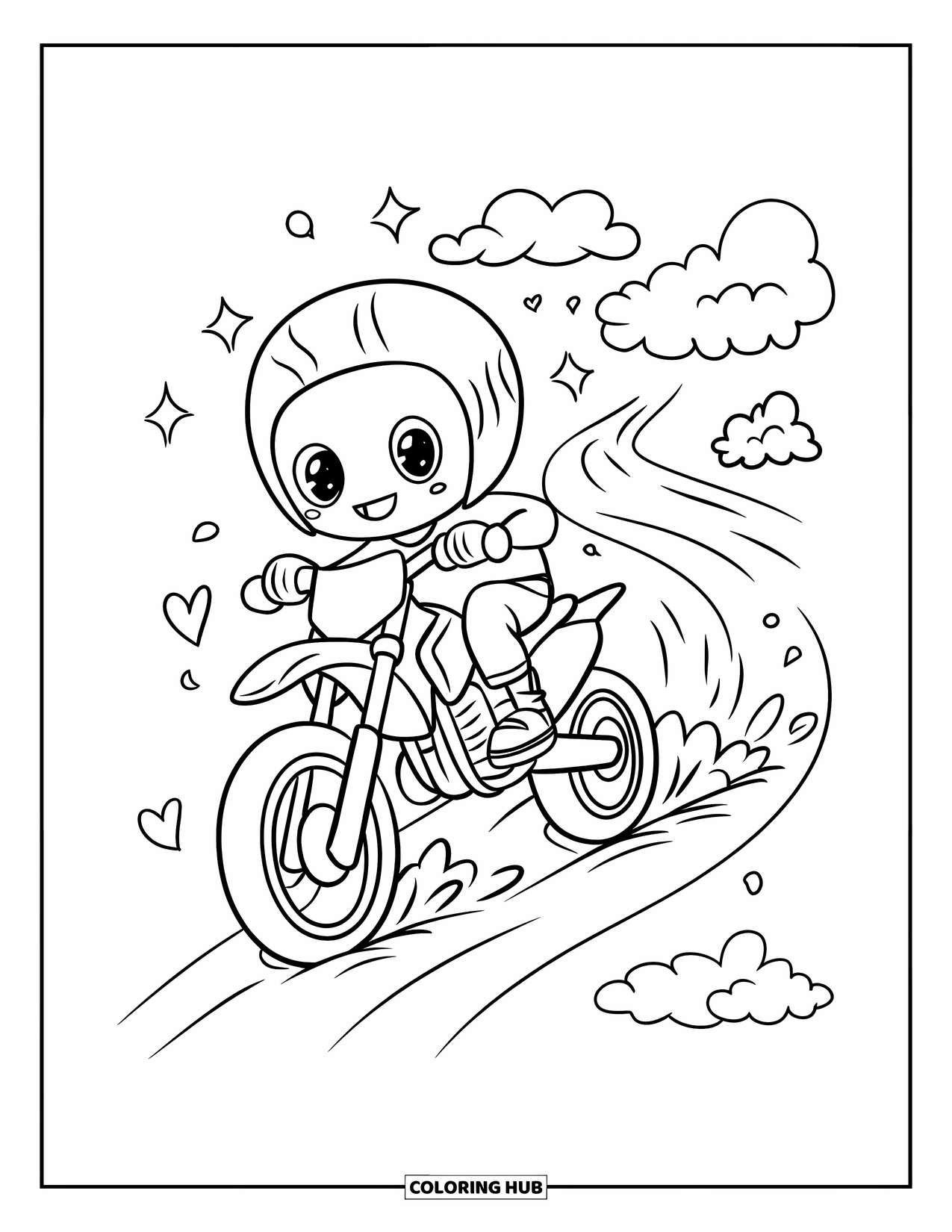 Dirt Bike Coloring Page for Adults: A happy bike speeds along a curvy path with dust puffs, stars, and floating hearts