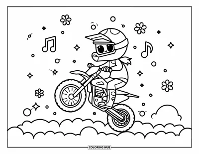 Desenho de moto de trilha para colorir para adultos: Um piloto feliz paira suavemente sobre as nuvens em um céu cheio de faíscas e notas musicais