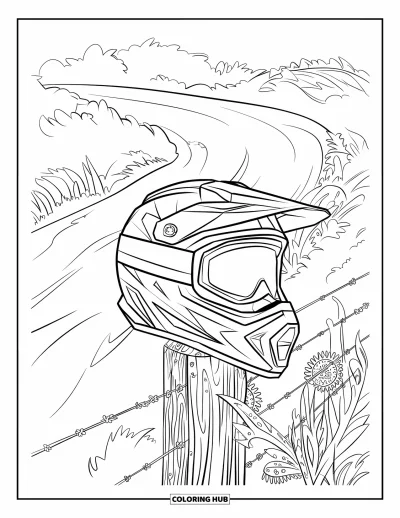 Desenho de moto de trilha para colorir para adultos: Um capacete equilibrado em um poste de cerca com padrões e paisagem de montanha ao redor