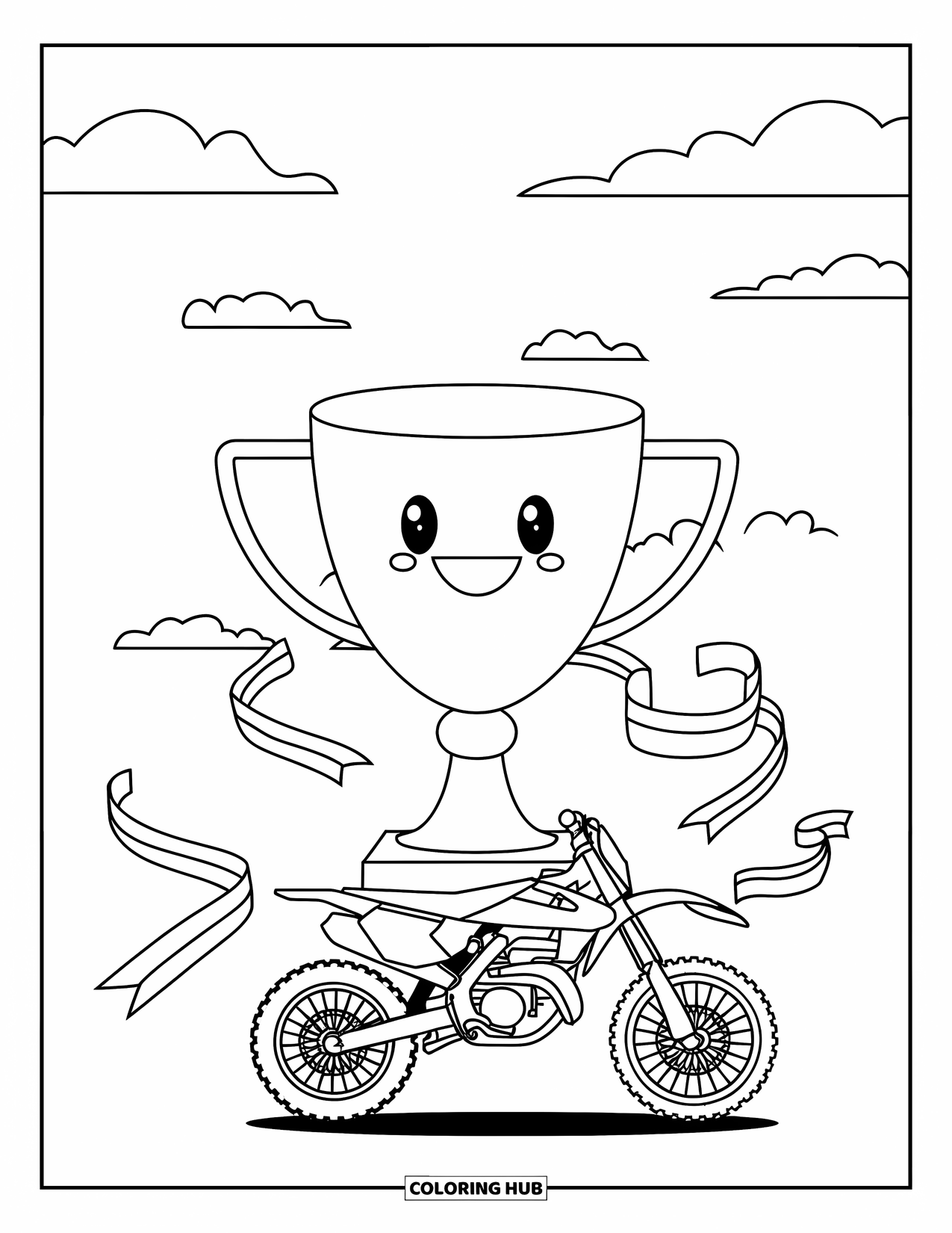 Dirt Bike Coloring Page for Adults: A kawaii dirt bike poses near a big smiling trophy and fluttering ribbons in the sky