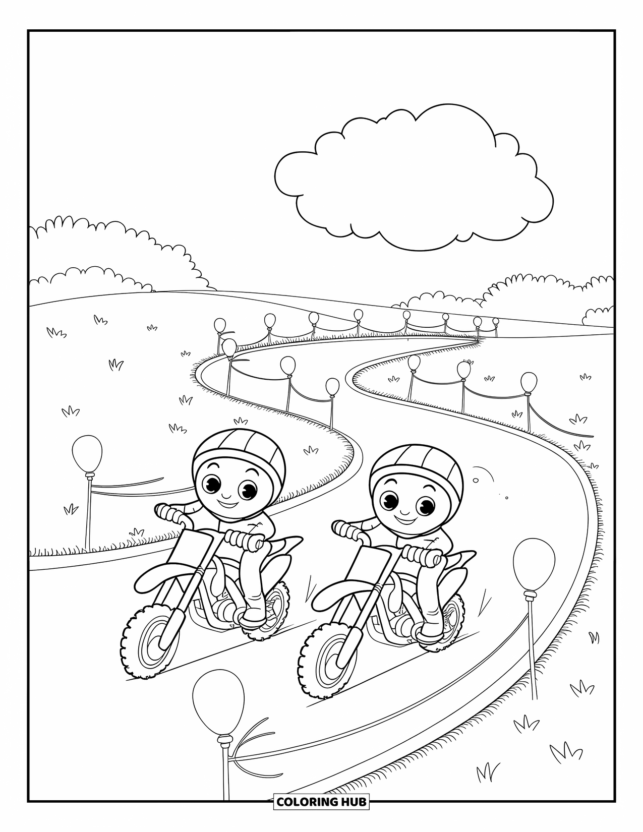 Dirt Bike Coloring Page for Adults: A pair of bikes race together on a fun track with balloons and waving flags