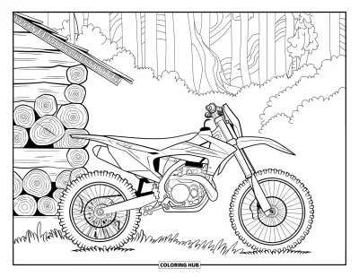 Desenho de moto de trilha para colorir para adultos: Uma moto de trilha estacionada fica ao lado de uma cabana na floresta com lenha picada por perto