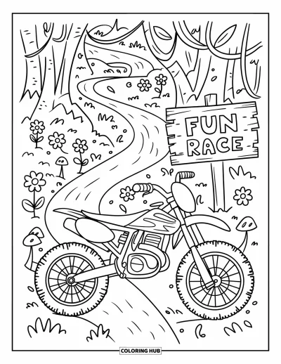 Desenho de moto de trilha para colorir para adultos: Uma moto de trilha brincalhona descansa perto de trepadeiras encaracoladas, cogumelos pequeninhos e uma placa de evento de corrida