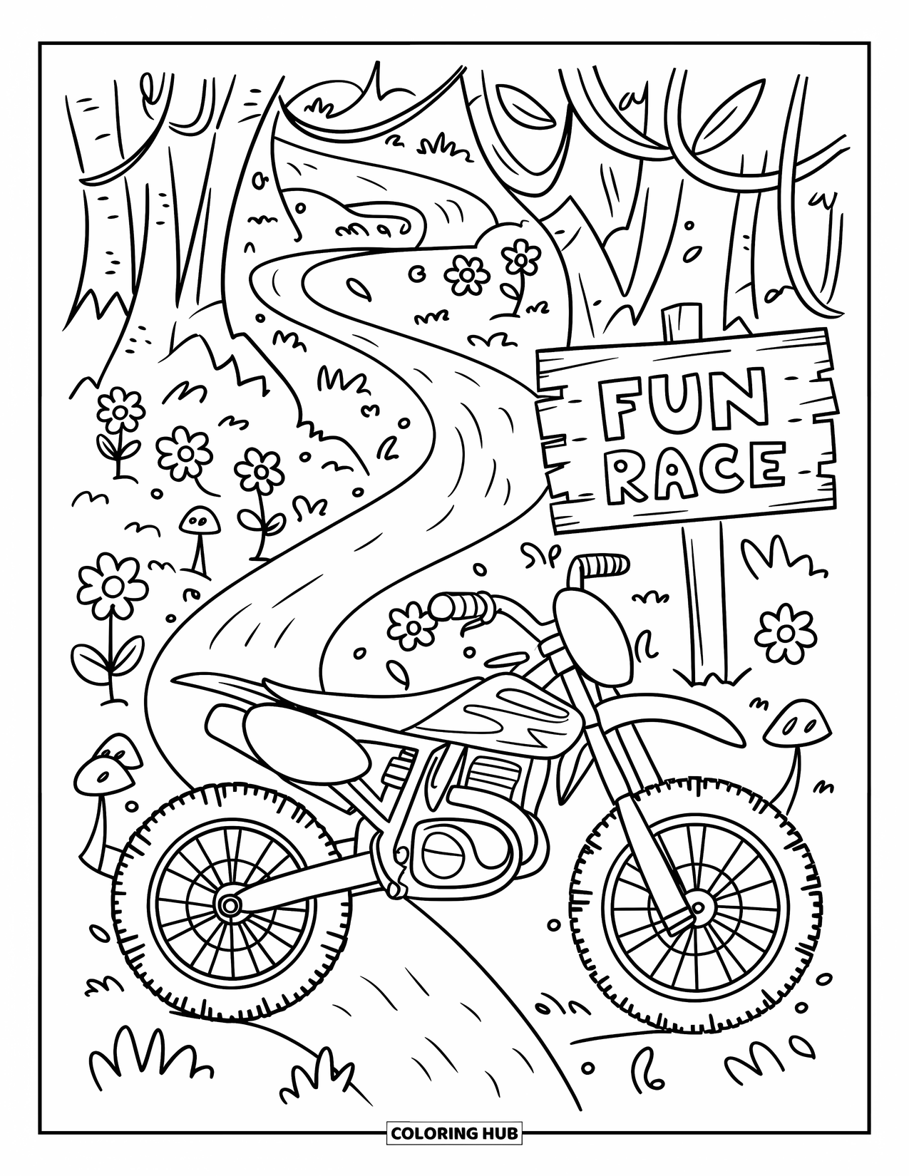 Dirt Bike Coloring Page for Adults: A playful dirt bike relaxes near curly vines, tiny mushrooms, and a race event sign