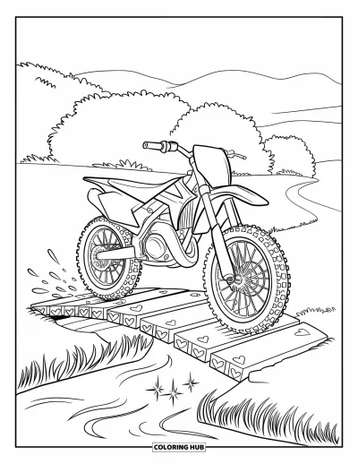 Desenho de moto de trilha para colorir para adultos: Uma moto de trilha brincalhona atravessa uma ponte com tábuas em formato de coração e montanhas ao longe