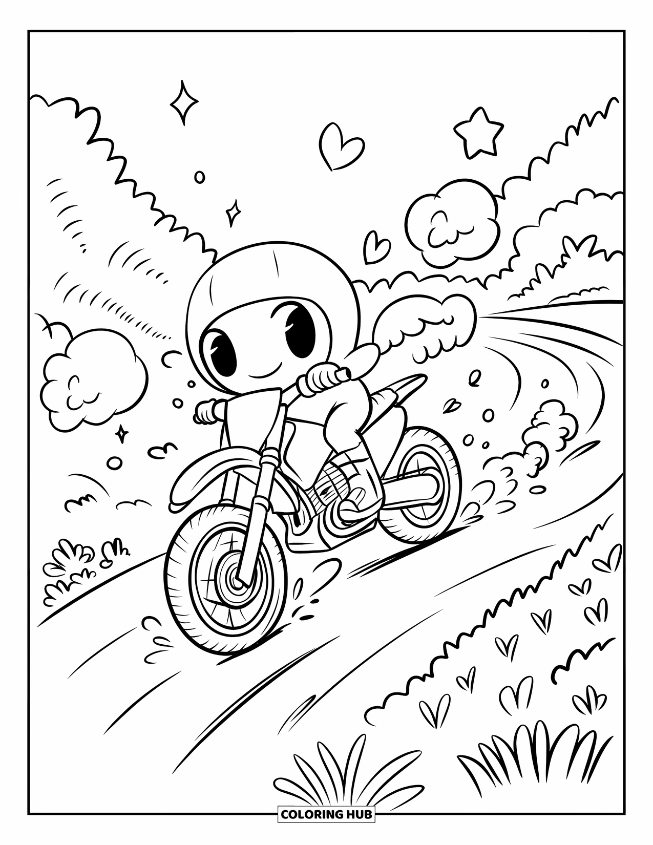 Dirt Bike Coloring Page for Adults: A smiling bike zooms over a bump, leaving swirly dust, stars, and hearts behind