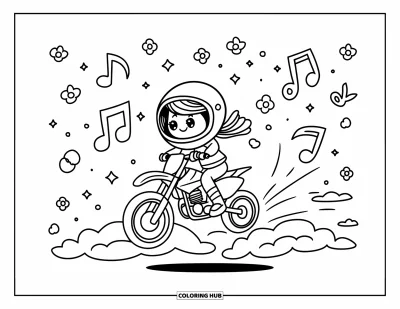 Desenho de moto de trilha para colorir para adultos: Um piloto adorável com capacete grande flutua acima das nuvens com faíscas brincalhonas e flores ao redor