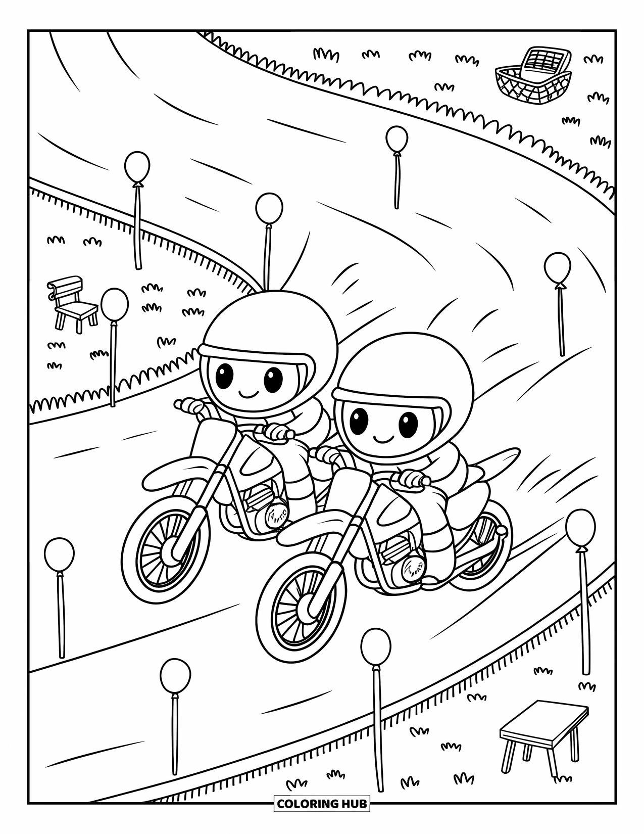 Dirt Bike Coloring Page for Adults: Two cheerful dirt bikes race side-by-side past flags, balloons, and tiny picnic items